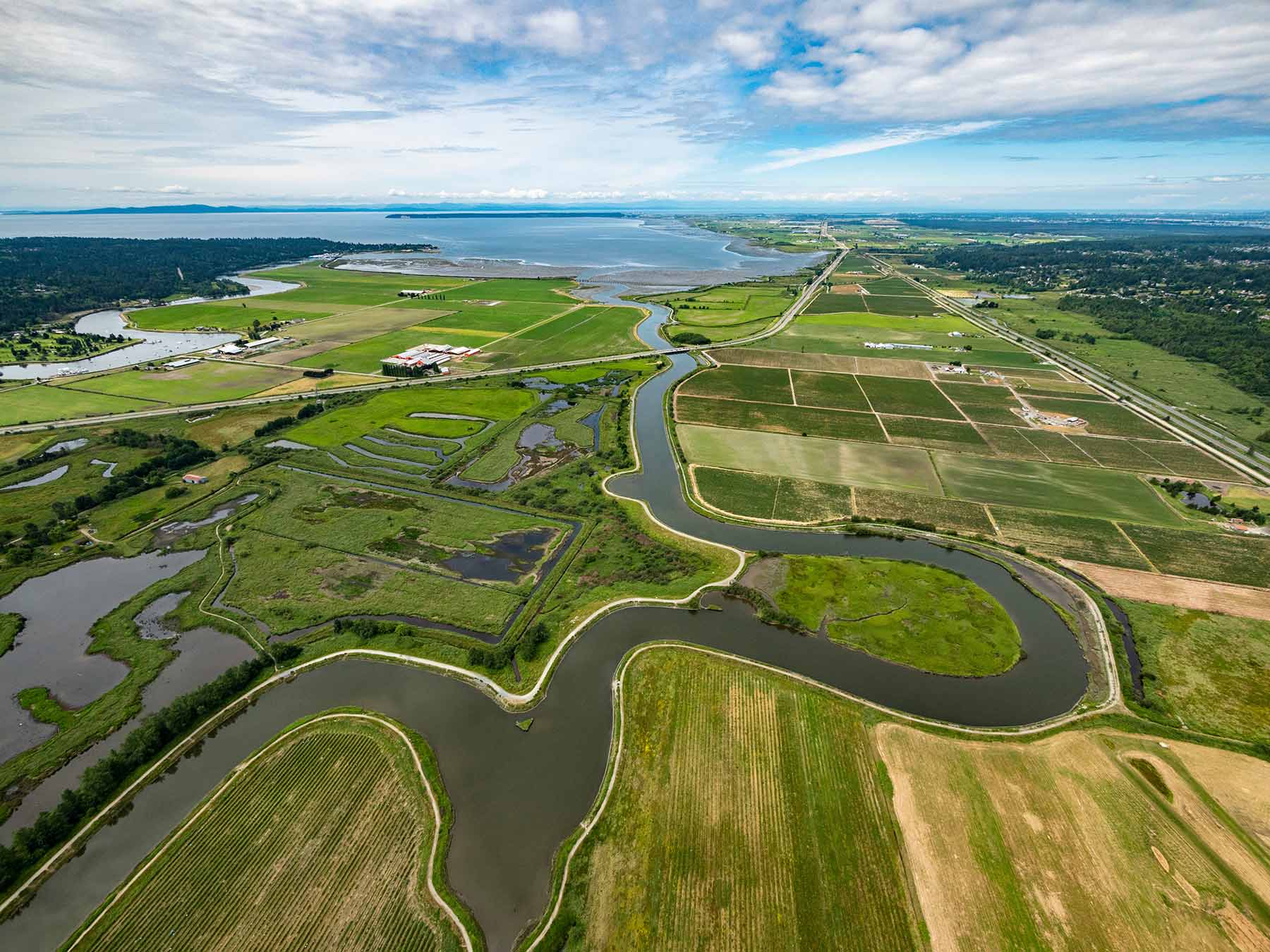 aerial photo agricultural farmland with river